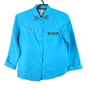 Womens 2 Piece Diane Gilman Blue 100% Silk Beaded Shirt & Tank Top Set Size M